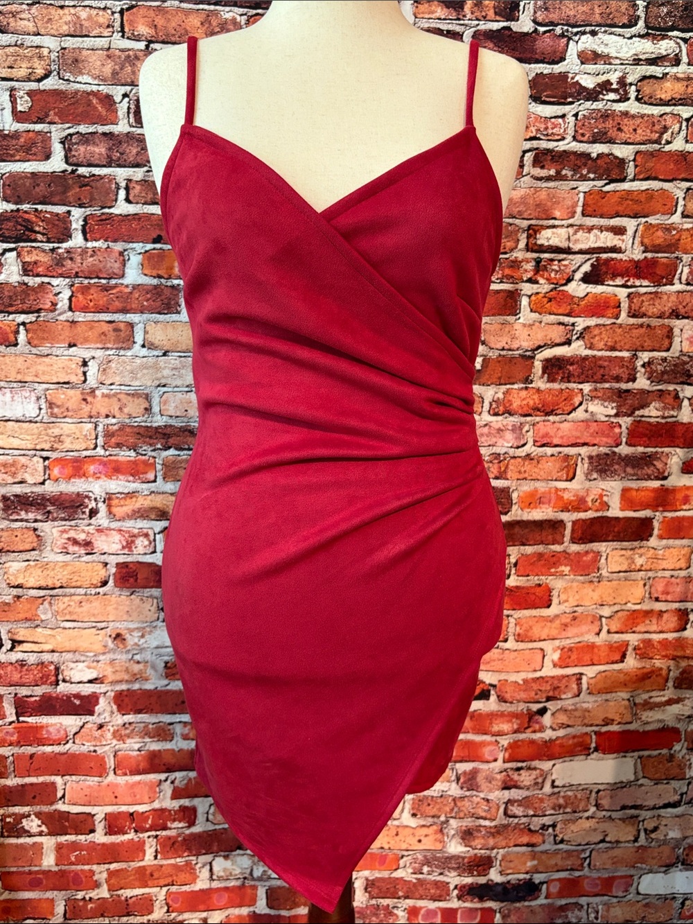 iris Wine Red Faux Suede Wrap-Style Spaghetti Strap Mini Dress Size M/L